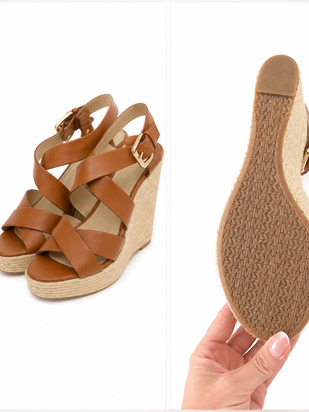 NEW MICHAEL Michael Kors Cognac Leather Espadrille Wedge Sandals-6